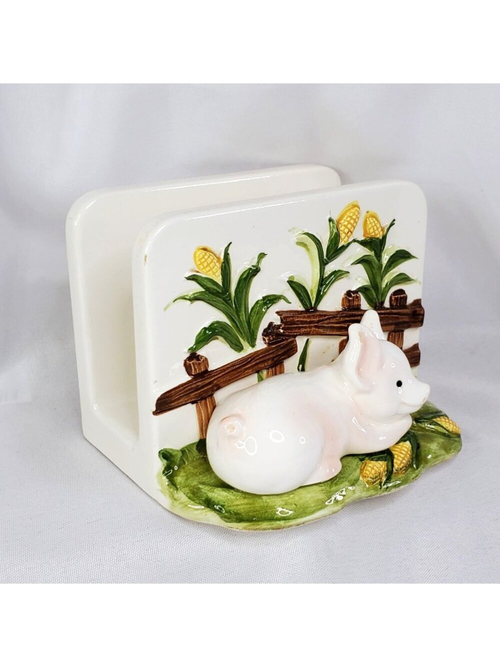 Vintage Enesco Pig Napkin Holder Ceramic Kitchen Decor Corn & Fence Farm Design